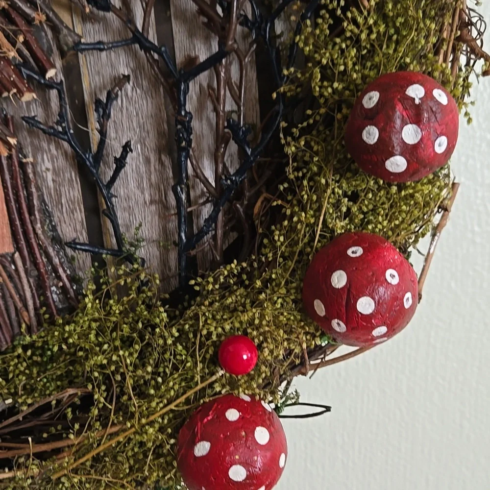 Forest Rustic Cottage Wreath with Red Mushroom Accents
